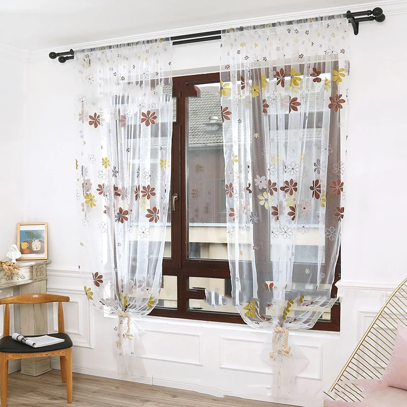 

1PC Fashion Offset Printing Flower Sheer Window Curtains For Living Room Bedroom Kitchen Printed Tulle Voile Drapes Fabric Door
