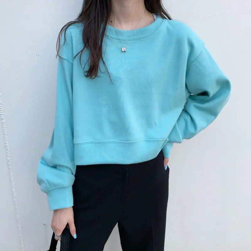 Женские однотонные короткие блузки с круглым вырезом свободные толстовки