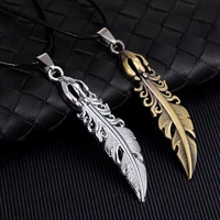 vintage style metal feather necklace fashion cool men accessories personality pendant with rope chain gift