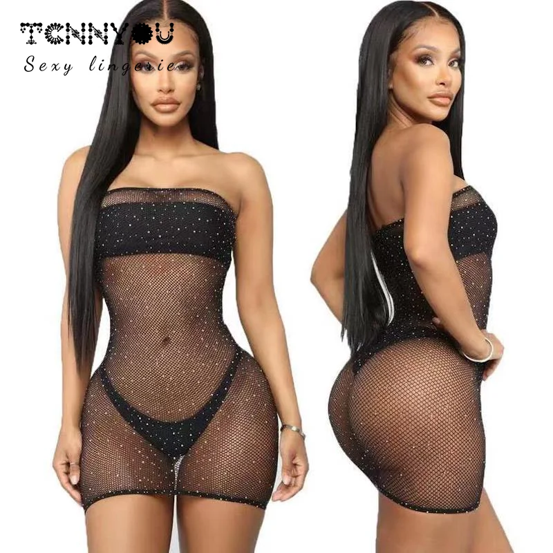 

Sexy Dress Wrapped Chest Point Drill Corset Starry Perspective Net Leotard Dress Women Lenceria Sensual Mujer Sexy Lingerie
