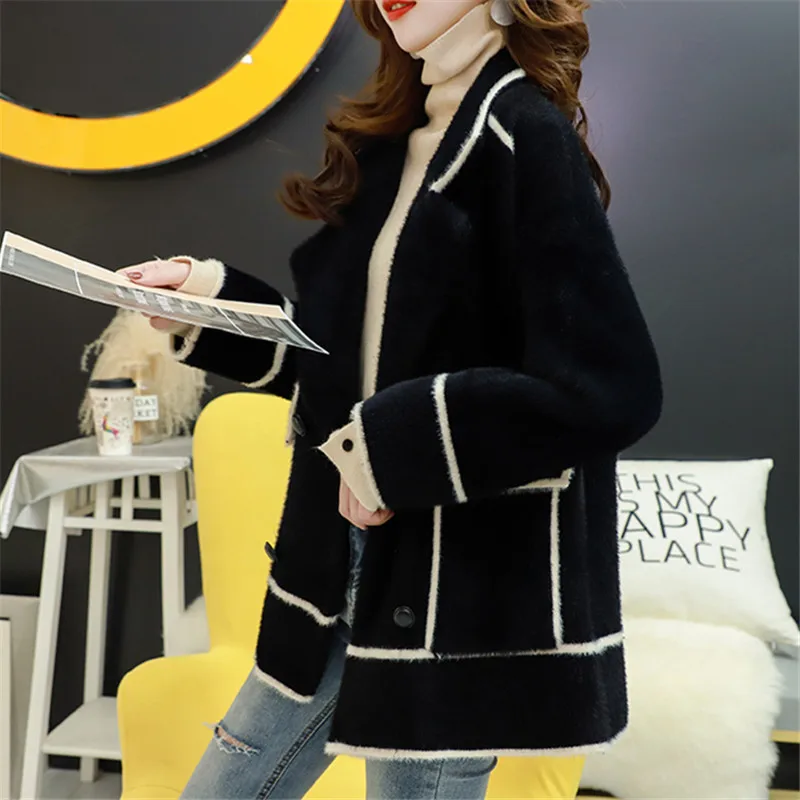 

Beige Black Mink Cashmere Sweater Women Cardigan Jacket Coat Loose Long Sleeve Knitwear Korean Winter Short Student Tops Female