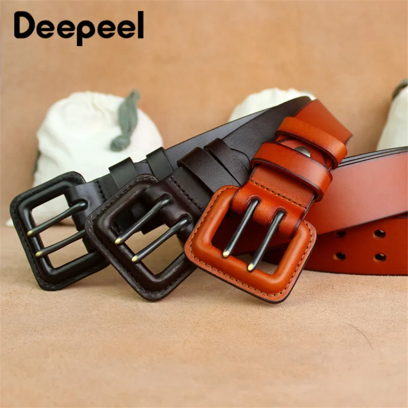 

Deepeel 1pc 3.8*110-130cm Men's Double Pin Buckle Belt First Layer Cowhide Wild Anti-allergic Leather Waistband Men's Gift YB425