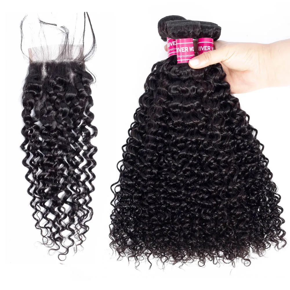 Вьющиеся кудрявые пучки с закрытием Remy человеческие волосы 3 пучка бразильские