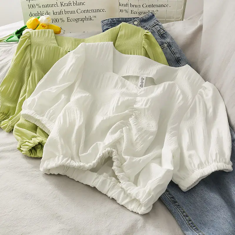 

Женская шифоновая блузка с пышными рукавами, белая винтажная блузка в Корейском стиле, лето 2021