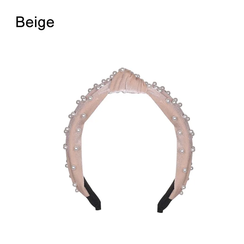 beige 1 В богемном стиле однотонные Цвет мягкий бархат центр узел широкая лента для волос с жемчугом завязанная повязка на волосы Индивидуальные Женские аксессуары для волос - Цвет: beige 1