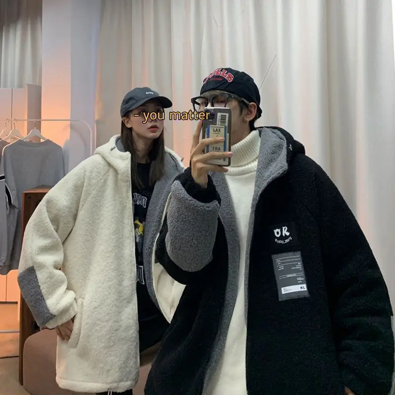 

Lamb Wool Jackets Men Winter Korean Fashion Loose All-match Hooded Tops Male Streetwear Trendy Casual Padded Outerwear Coats