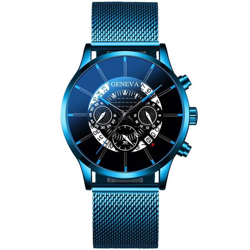 M blue blue Роскошные мужские часы из нержавеющей стали, часы с датой, кожаный сетчатый ремень, ультра тонкие наручные часы, спортивные деловые мужские часы, Relojes Masculino - Цвет: M blue blue