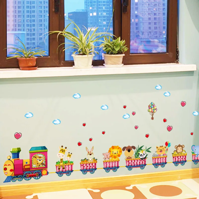 

Cartoon Animal Smile Train Children's Room Kindergarten Wall Stickers PVC Background Wall Stickers Decals for Kids Room