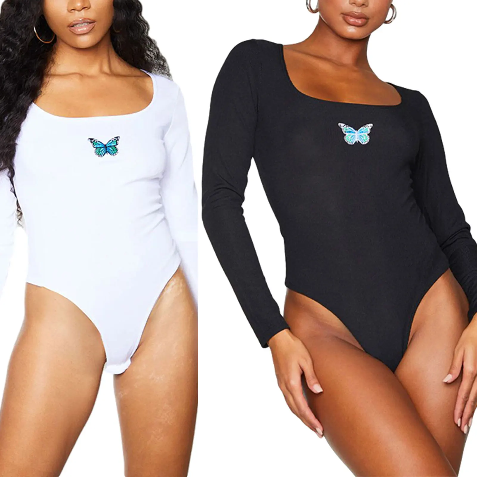 

Women's Basic Scoop Neck Bodysuit Casual Long Sleeve Butterfly Print Rib Knit One-Piece Leotard Top