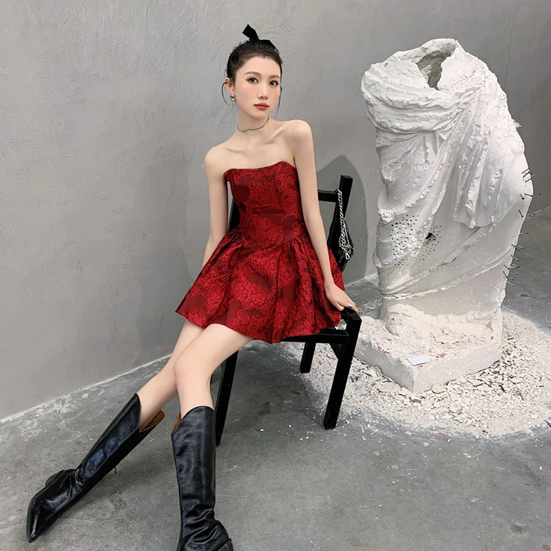 

Red Wrapped Chest Mini Dress Celebrity Summer Fashion Women Sexy Female Korea Single-Breasted Slim Bag Hip Evening Party Dresses