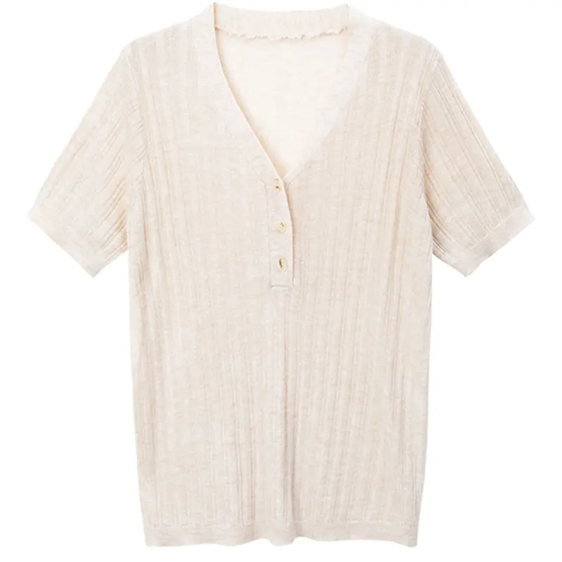 

YISU Women Clothing Summer Casual Sweater V-Neck Simple Solid color Short sleeve Loose Summer Tops Female Thin Knitted Pullover