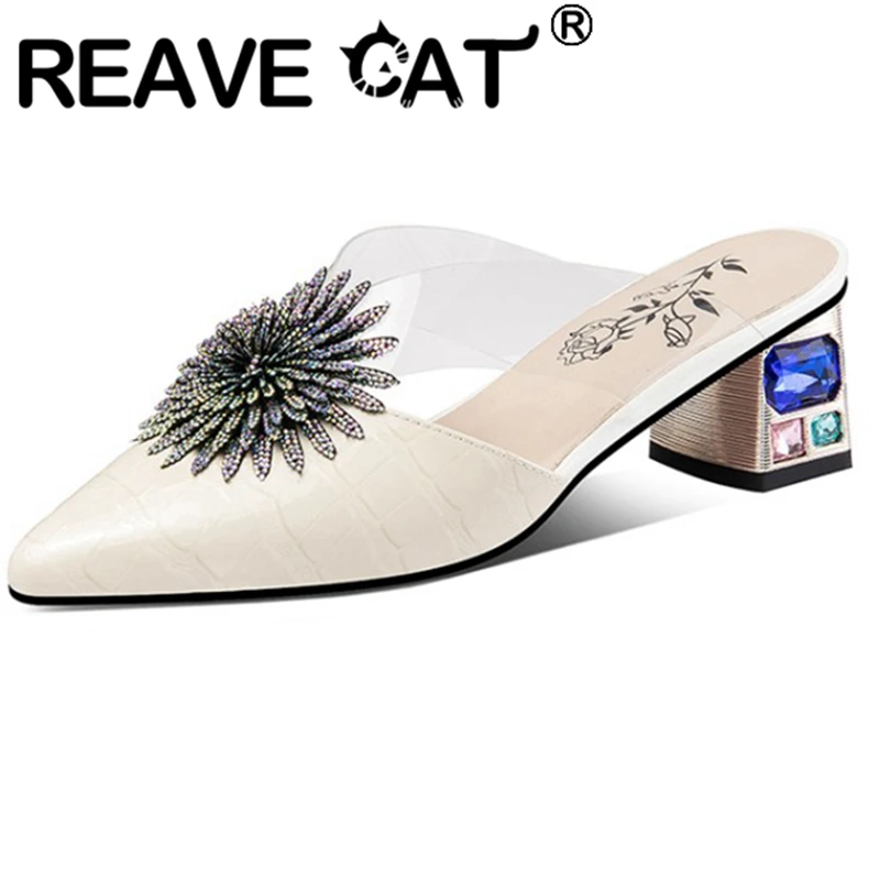 

REAVE CAT 2021 Genuine Leather Rhinestone Ladies Slippers Alligator Texture Flowers Crystal Strange Heel 4.5cm US12 Blue A4235