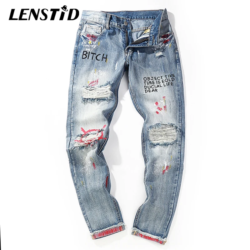 Джинсы LENSTID мужские рваные с надписью уличная одежда в стиле хип хоп джинсы из