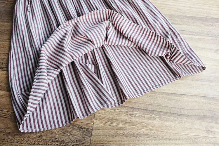 

New Autumn Women Cotton linen Dress 2020 Cute girl Buckle Elasticated Waist vintage Striped midi Dress Women