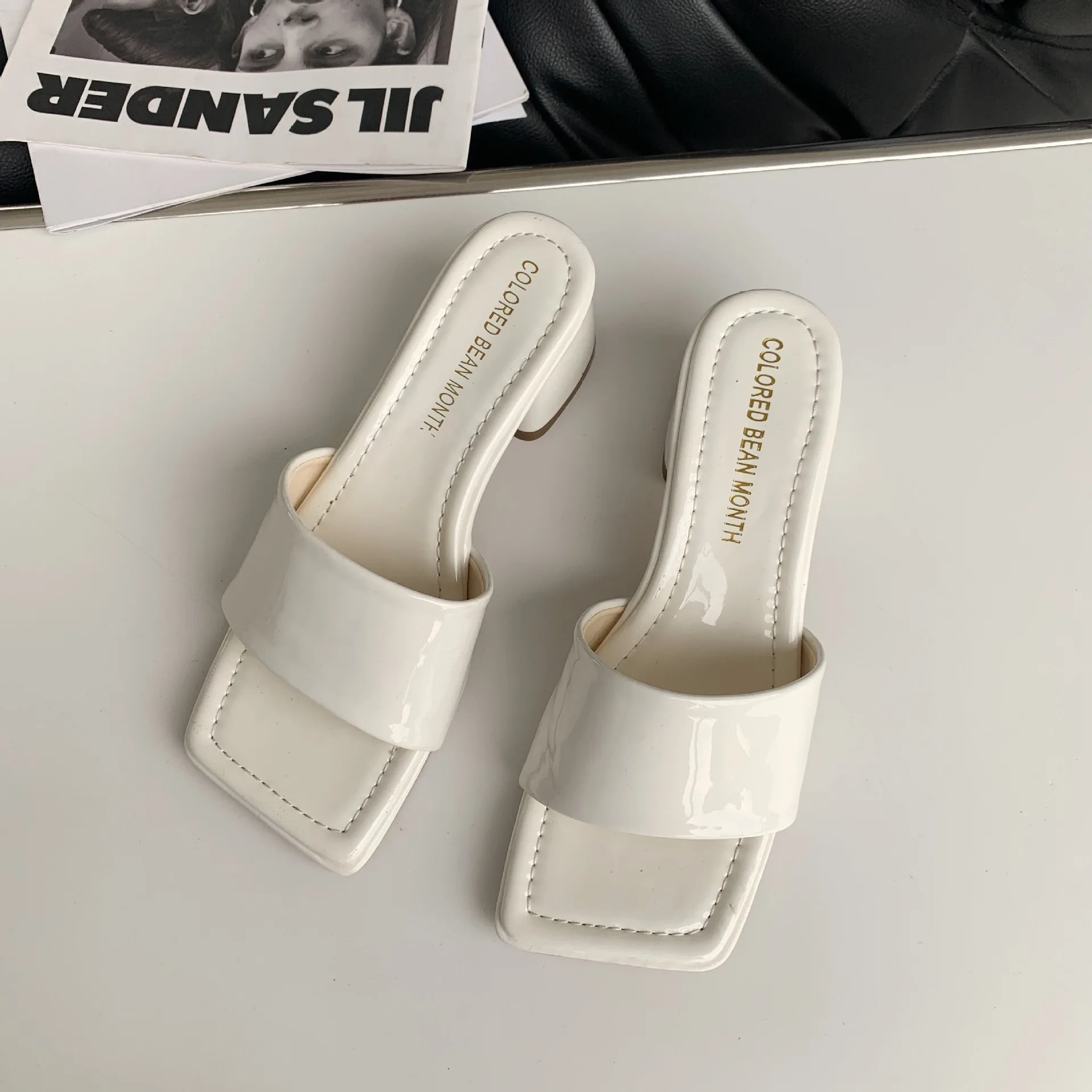 

Shoes Women Square Toe Slippers Heels Luxury Slides Pantofle Soft High Designer 2021 Block Basic Patent Leather Pumps PU Rome F