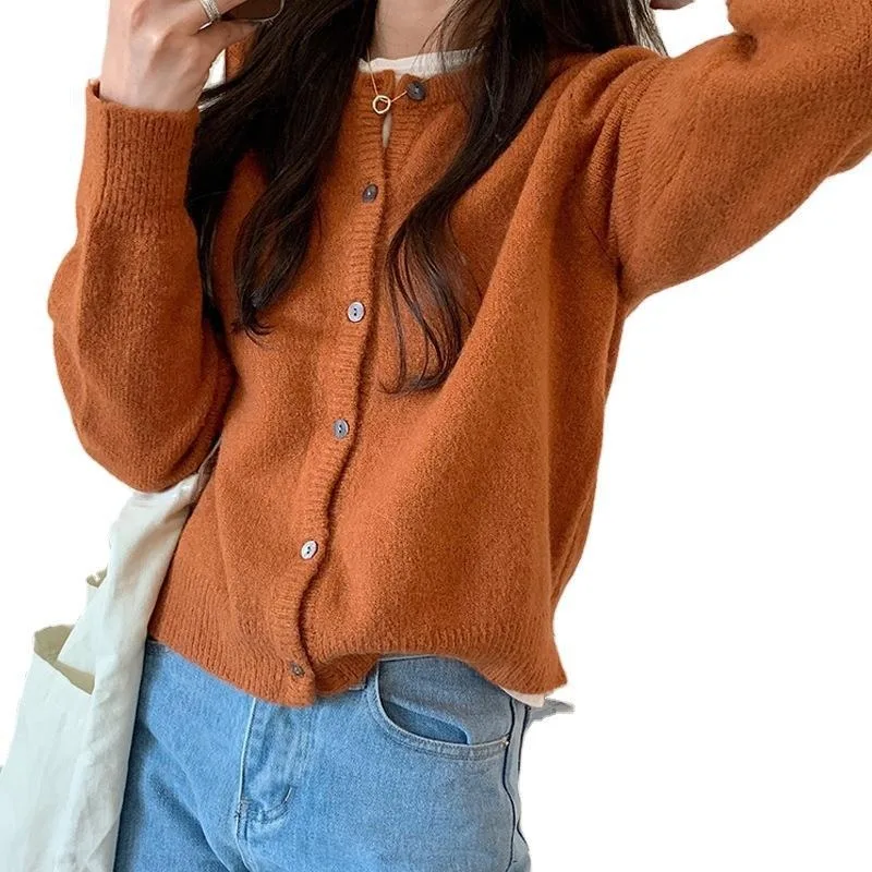 

Autumn winter 2020 Korean version round neck purple Ins sweater cardigan loose-fitting sweater coat for women to keep warm