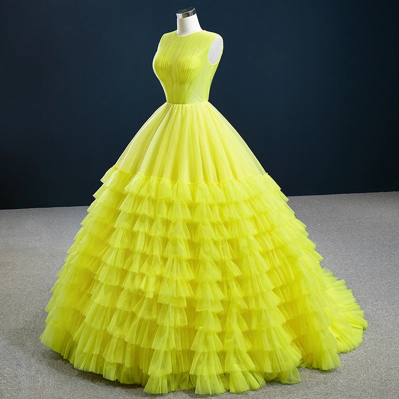 RSM67158 Yellow Sexy Transparent Tulle Frill Layer Column Dinner Party Dress 2021 Back Lace-up Design Evening Gown