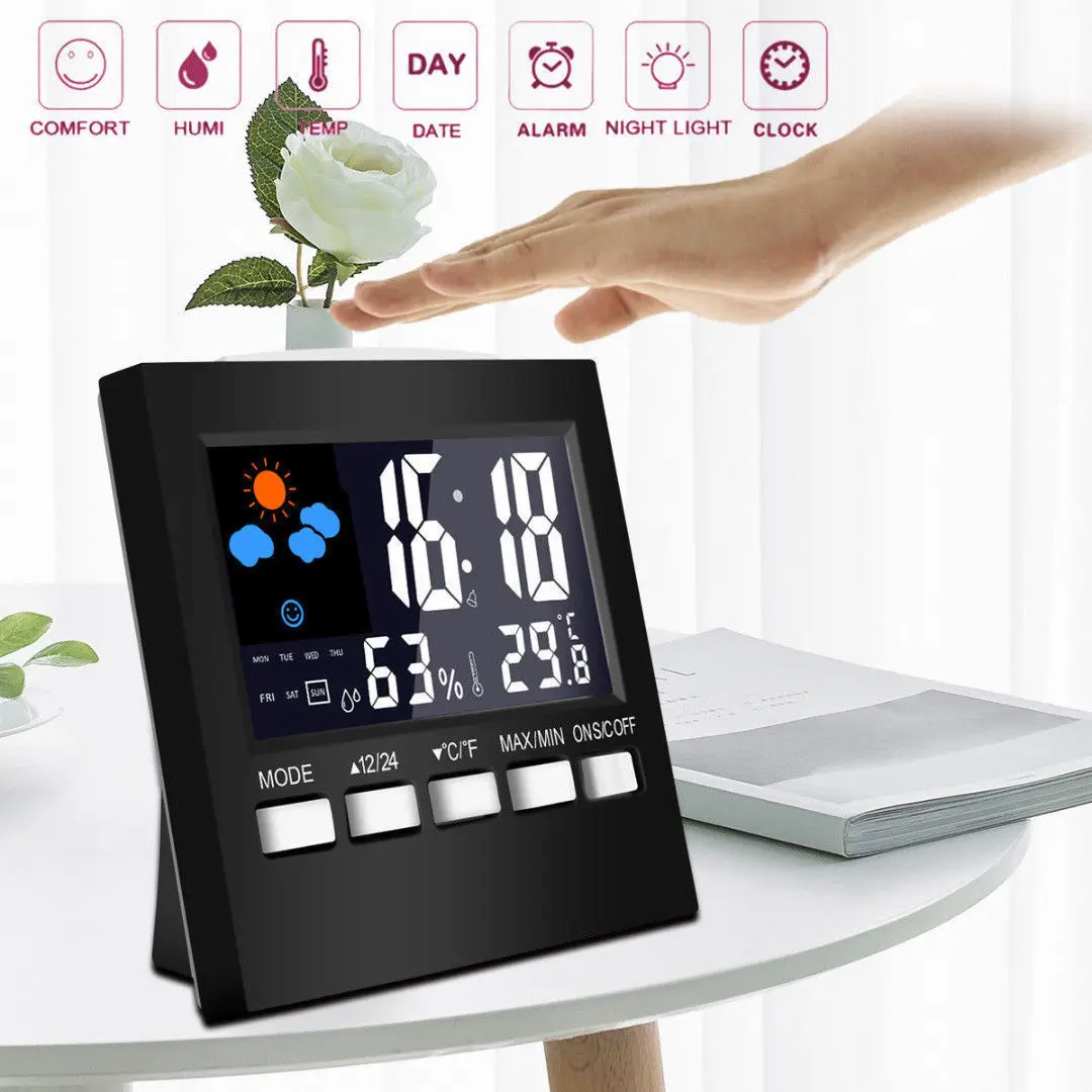 

LED Alarm Clock Weather Temperature Thermometer Desk Time Date Display Calendar Hygrometer Humidity Forecast Digital Clock
