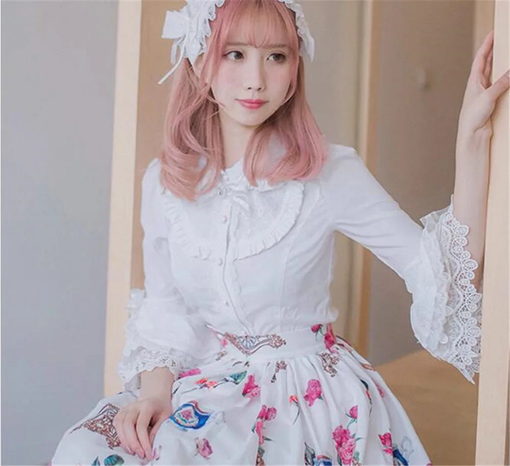 Шифоновая ретро-блузка в стиле Лолита белая черная с оборками и длинными