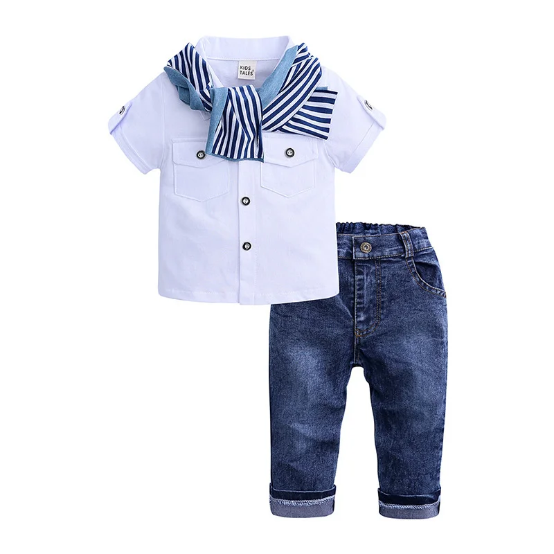 

Summer clothes for children aged 2-7, children's clothing set, cotton short sleeved round neck coat, jeans and scarf, baby
