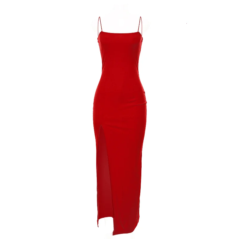 

YUHS summer women's 2021 spaghetti strap party dress high slit sexy high slit red slim female ankle fashion long retro dress
