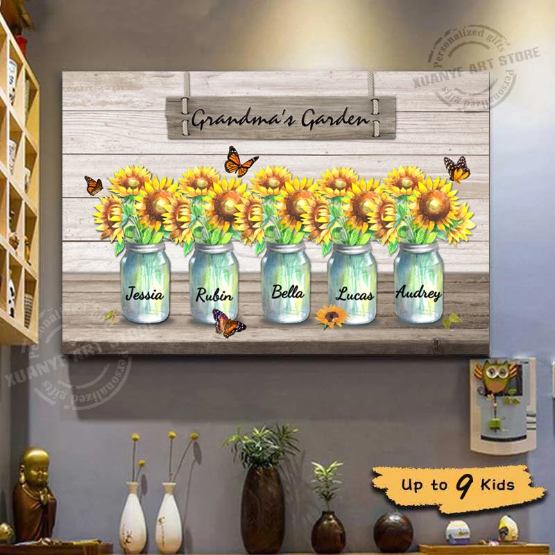 

Ваза для сада бабушки с подсолнухами, индивидуальное название, Настенная фотокартина на холсте с цветами для домашнего декора