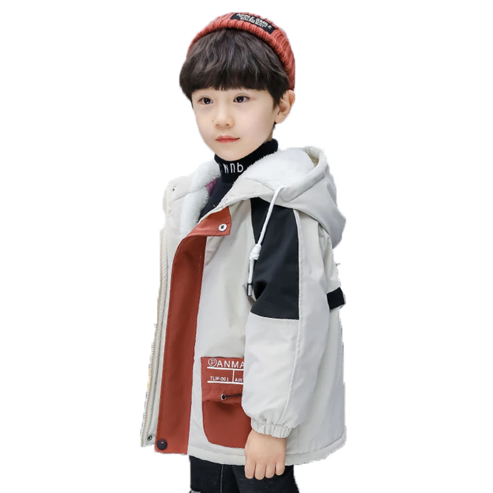 

Winter Polyester Jacket For Boy 2021 Korean Version Plus Velvet Thickening Fashion Hooded Casual Patchwork Children's Clothing