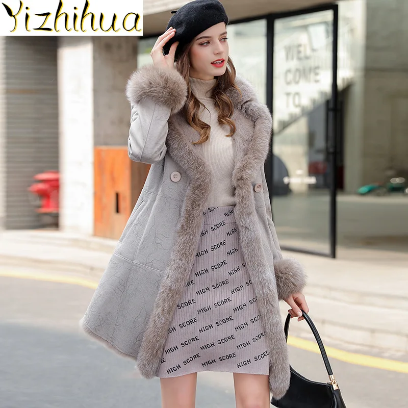 

Женское пальто из натурального меха, Женское пальто из кроличьего меха, кожаное пальто, Воротник из лисьей кожи, зимняя одежда 2020, пальто ...