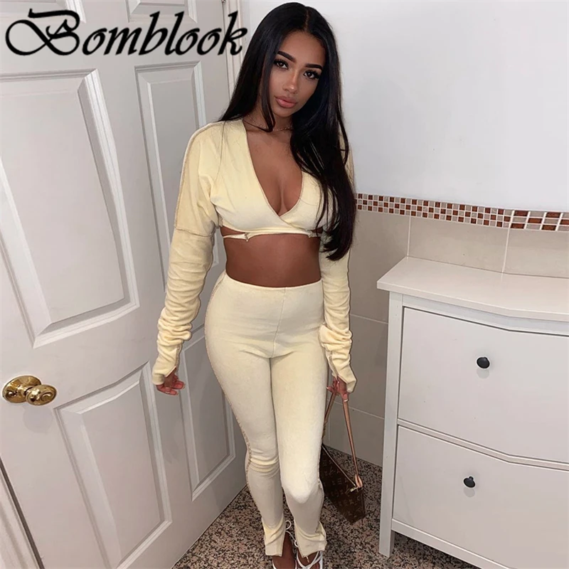 

Bomblook Casual Fashion Women's Clothing 2021 Autumn Solid V-neck Cross Lace Up Crop Tops Suits With Pants Femme Streetwears