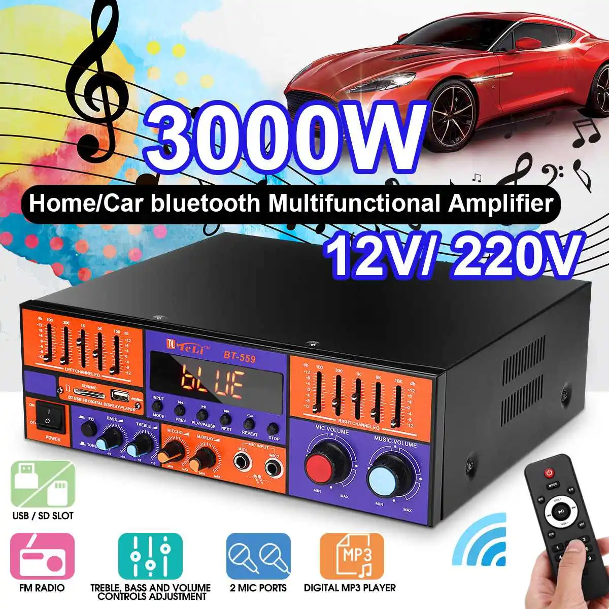 3000 Вт аудио усилитель мощности bluetooth Автомобильный цифровой стерео усилитель HIFI USB FM SD с пультом дистанционного управления 2 канала усилители