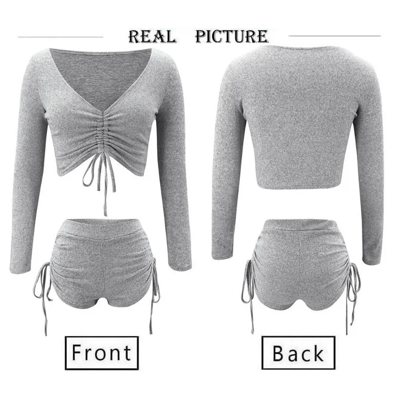 

Autumn Gray Crop Top Woman Shorts 2 Piece Sets Womens Outfits Sexy Ruched Lace Up Tops Drawstring Shorts Tracksuit Matching Sets