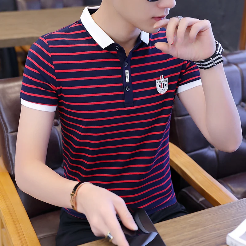 

Summer Business Casual Men's Short-Sleeved T-Shirt Lapel Cotton Striped Polo Shirt Compassionate Young And Middle-Aged Plus Size