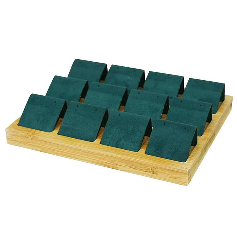 Bamboo and Wood 12-Digit Earring Tray Earrings Display Earrings Pendant Tray Fashion Stand Jewelry Display Props Green