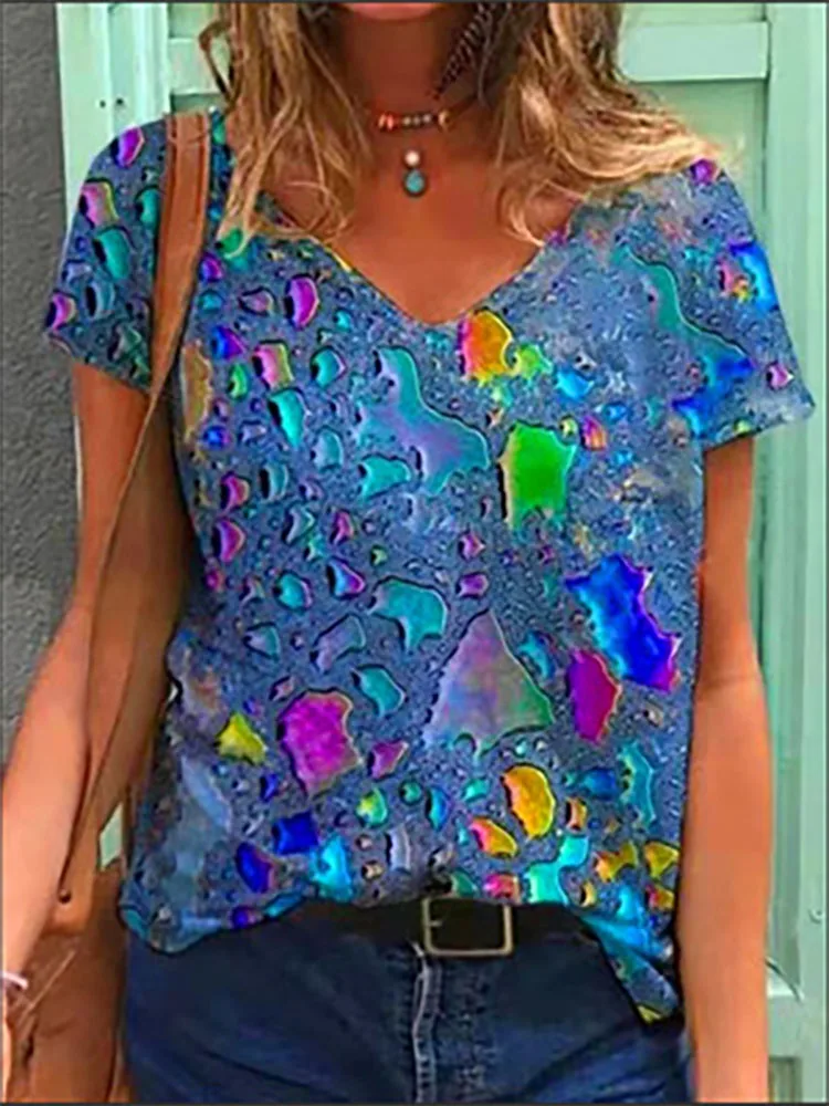

Vintage Print Harajuku Shirt Tops Women 2021 Spring v-Neck Blouse Summer Casual Short Sleeve Loose Blusa Pullover