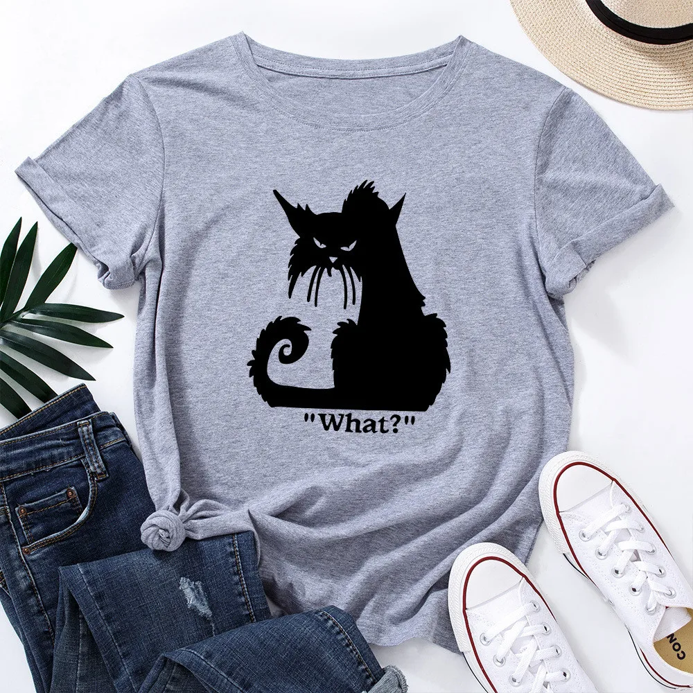 

5XL Plus Size Cotton Women T-shirt Funny Black Cat Print Short Sleeve Summer Graphic T Shirts Casual Female Oversized Tees Top