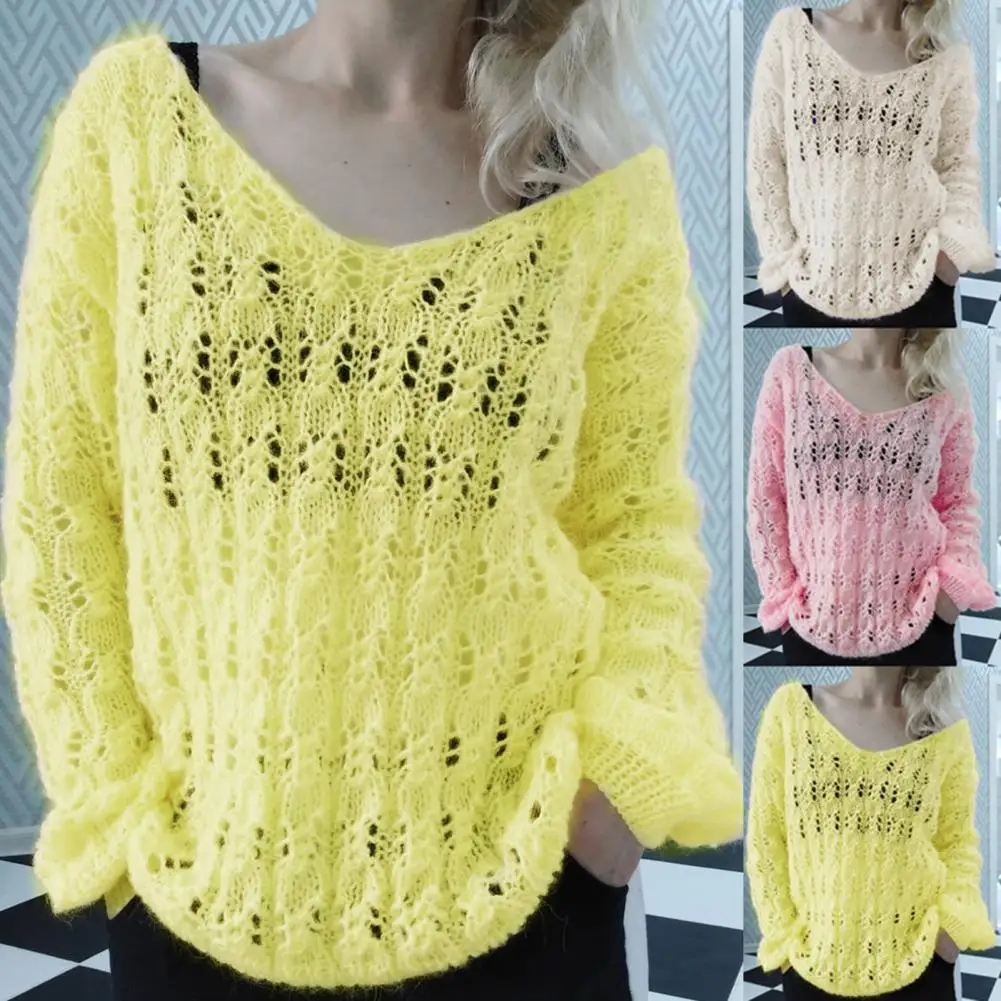 

2021 Hot Sale New Women Sweater Hollow Out Knitted Autumn Winter Solid Color O Neck Thin Knitted Top for Daily Wear
