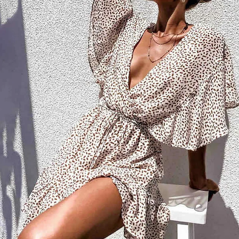 

2021 Hot Sell New Summer Women Sexy Elegant Deep V-neck loose Ruffle Dress Short Vestidos Flare Sleeve Beach Holiday Polka Dot