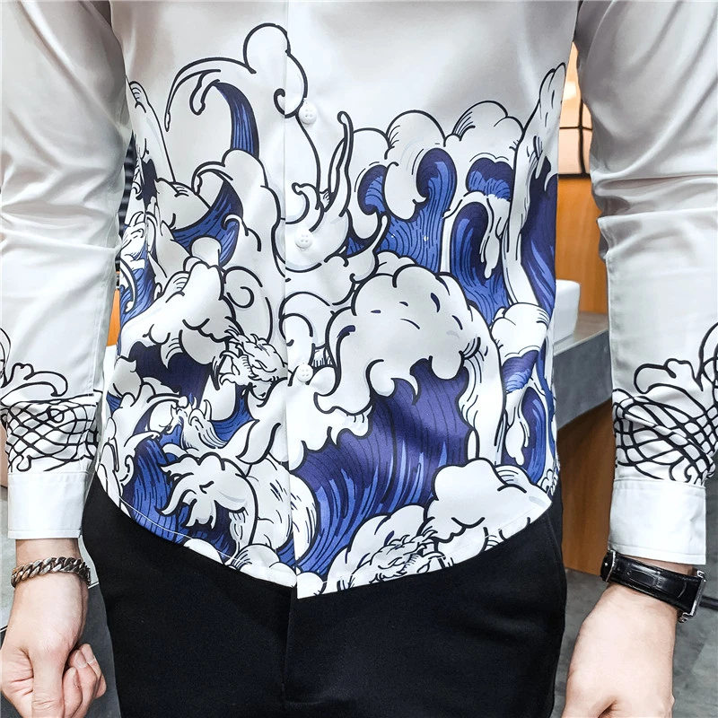 

Spring Streetwear Man Club Party Clothes Chemise Homme Camisa Masculina Black White Shirt Men Print Casual Slim Fit Dress Shirt