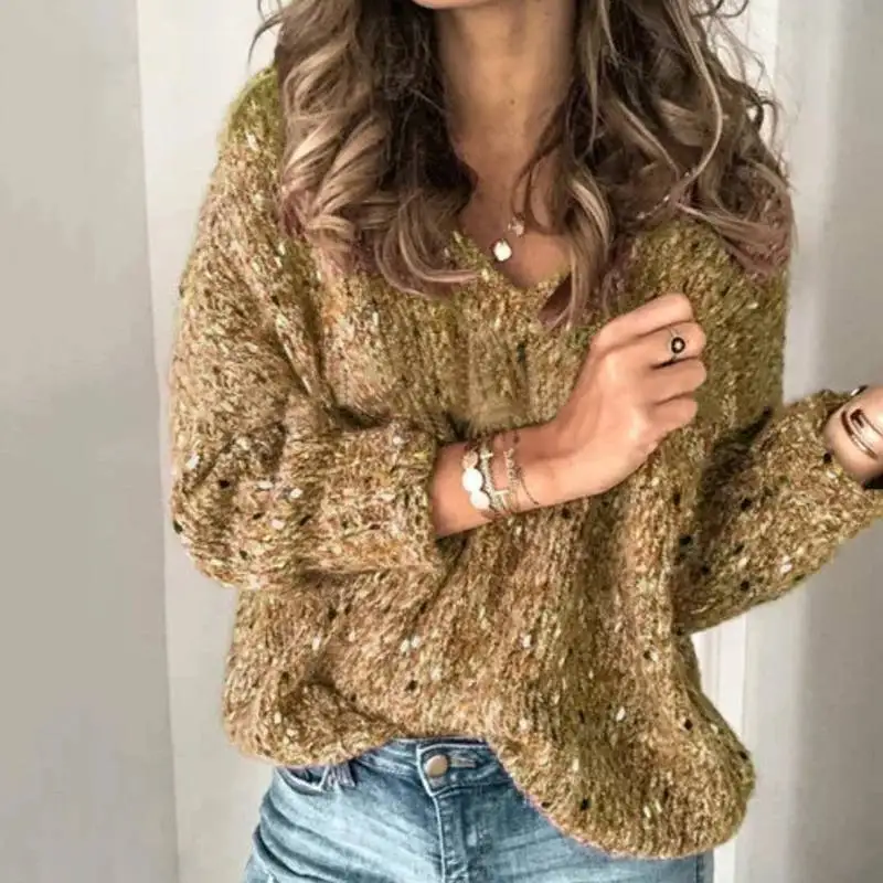 Модный женский свитер осень v-образный вырез длинный рукав вязаные