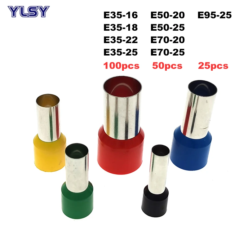 

100pcs Copper Tube Insulated Cord End Crimp Terminals Electrical Wire Connector E35-16~E95-25 Cable Ferrules VE 2-3/0 AWG