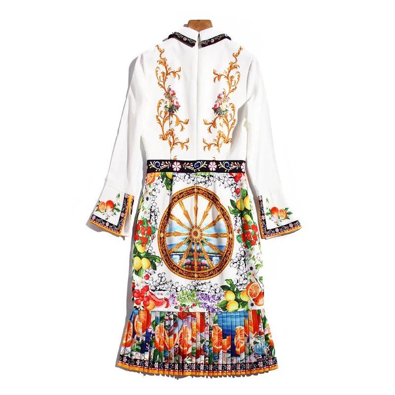 

Runway Designer Women'S Spring Autumn Fashion Lapel Beaded Vintage Elegant Wheels Fruit Print Patchwork Folds Mermaid Dress