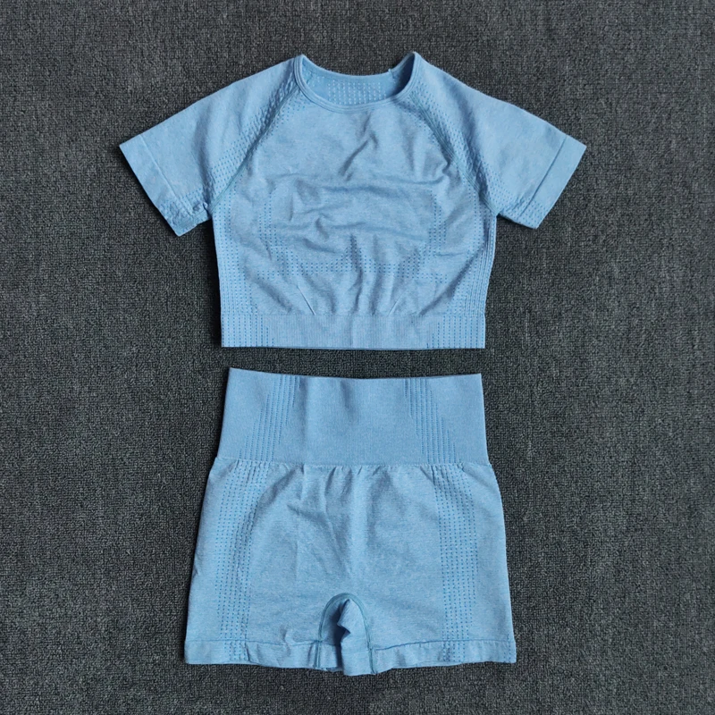 Бесшовный Женский комплект для йоги укороченный топ с коротким рукавом рубашка и
