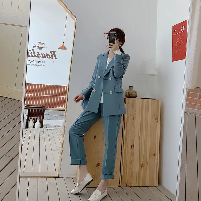 

Casual Women Pant Suits Notched Collar Double Breasted Blazer Jacket & Pencil Pant Female Suit Spring Autumn Office Lady Sets