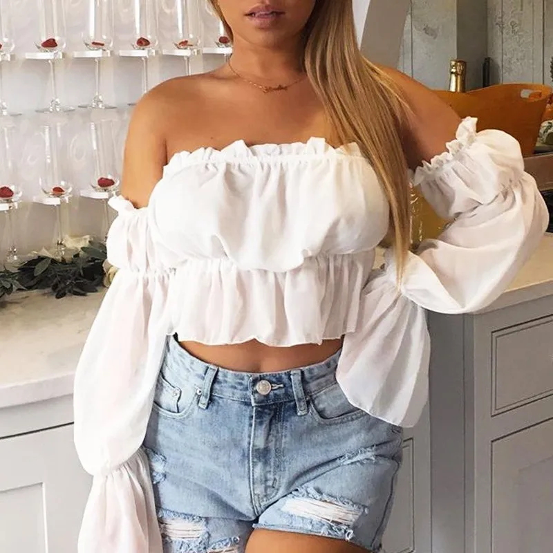 

Fashion Women Sexy Strapless Crop Top Ruffles Off Shoulder Tank Elegant Bandage Party Club tunique femme Ladies Streetwear