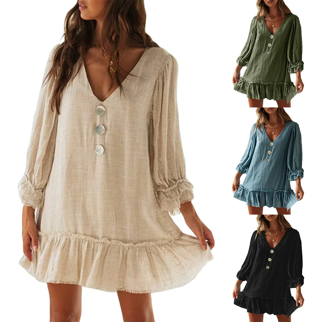 

Womens Long Sleeve Bohemia Holiday Beach Sundress Solid A Line Casual Loose Ruffle Hem Cotton Linen Dress