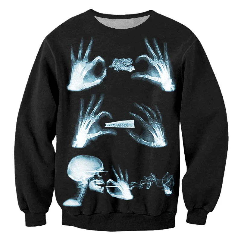 

Свитер в стиле хип-хоп для мужчин и женщин, винтажные пуловеры в стиле Харадзюку С 3d-изображением рентгена, черепа, рук и костей, черная уличная одежда с круглым вырезом, модная майка