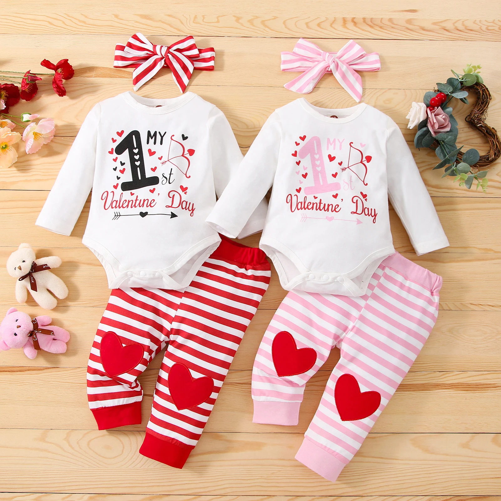 

Bmnmsl Infant Baby Girls Valentine's Day Suit Long Sleeve Letter Printed Romper Tops+Heart Stripe Long Pants+Bow Headband