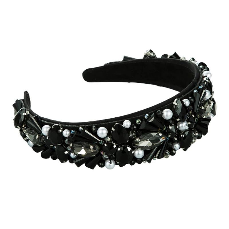 

Women Baroque Retro Luxurious Headband Colorful Geometric Crystal Jewelry Hair Hoop Imitation Pearl Prom Party Bandana