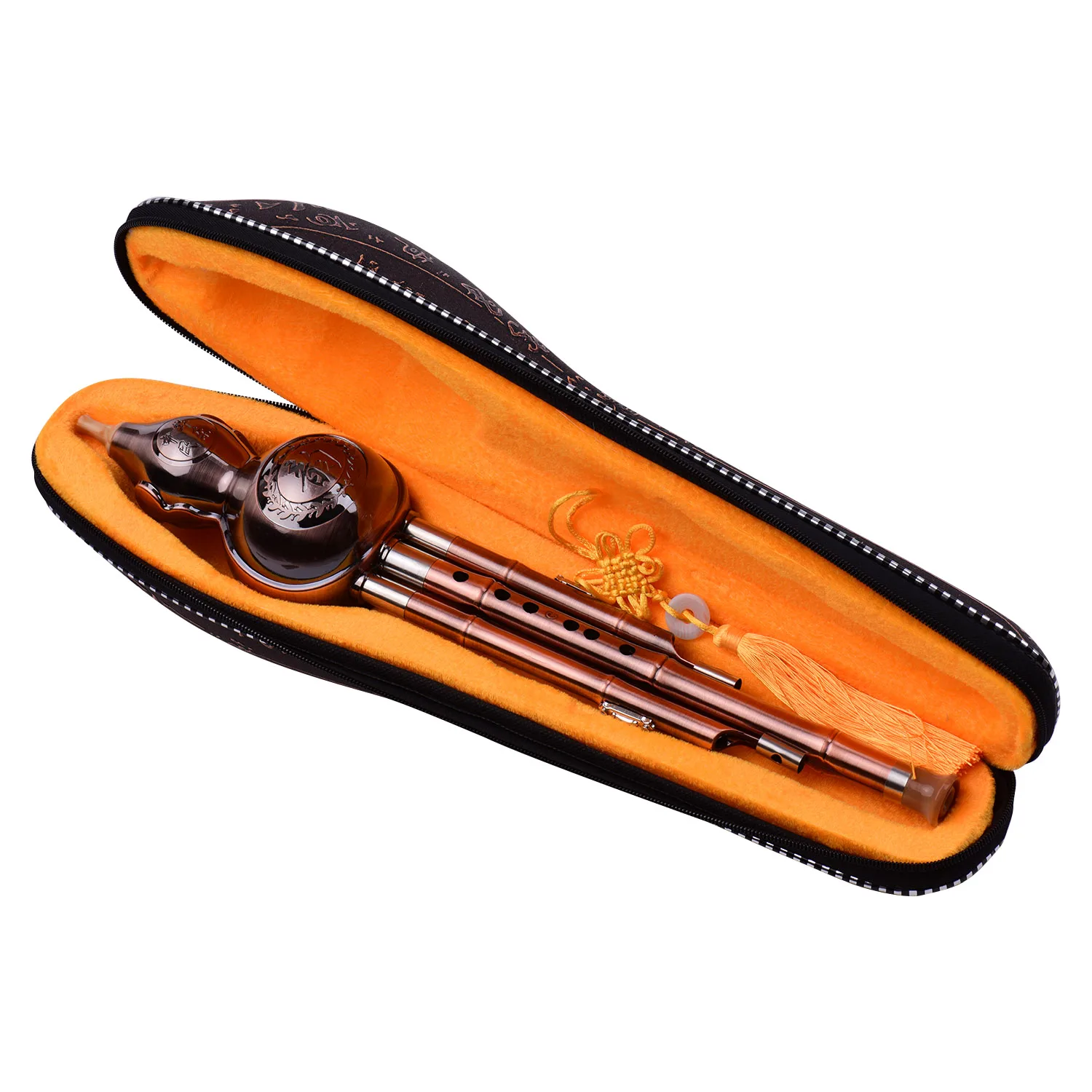 

3 Tone C-Key Hulusi Gourd Cucurbit Flute Aluminum with Copper Plated Pipes Chinese Traditional Instrument with Chinese Knot Case