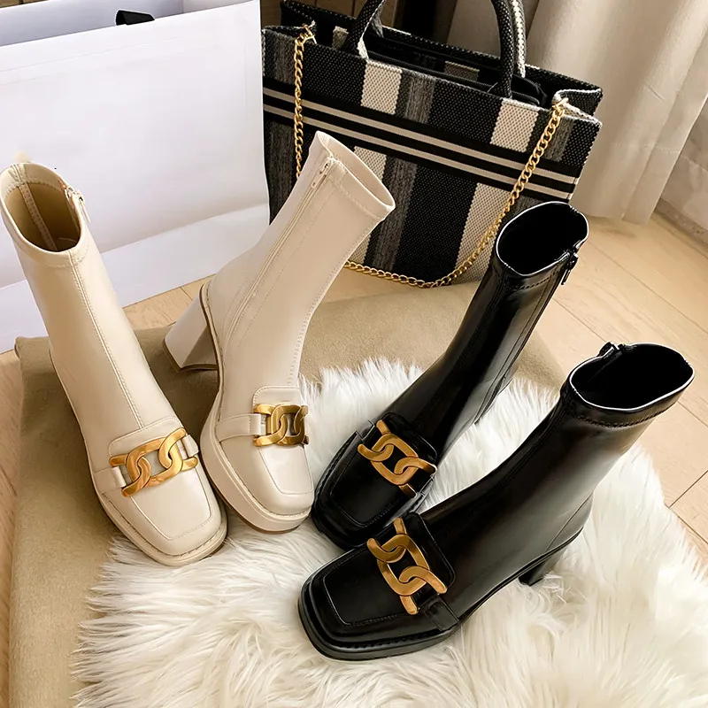 

MKKHOU Fashion Short Boots Women's New Simple Square Toe Thick With 8cm High Heel Leather Boots Ladies All-match Elastic Boots